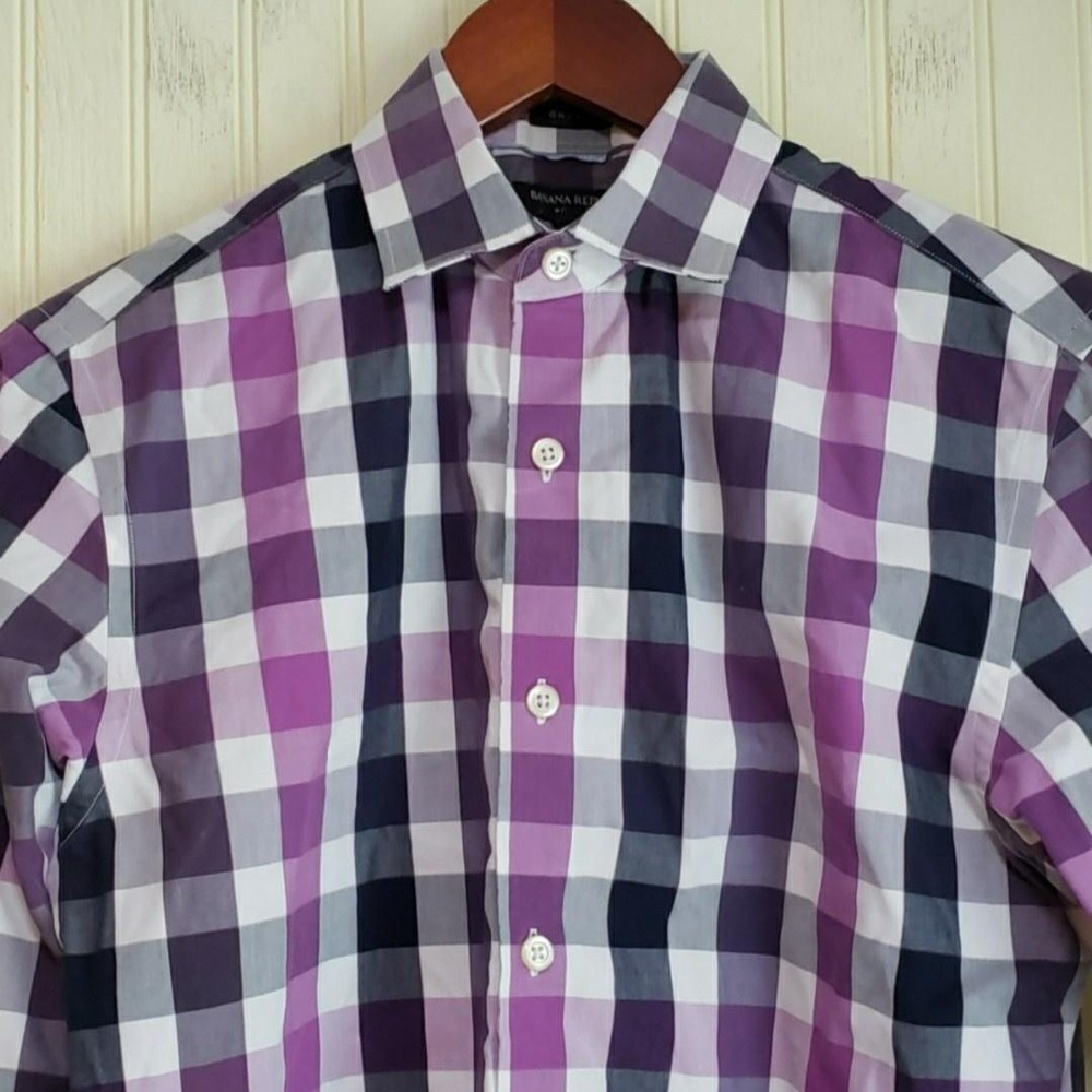 Banana Republic Dress Shirt Mens Small 14.5 Purple Gingham Non Iron Long Sleeve